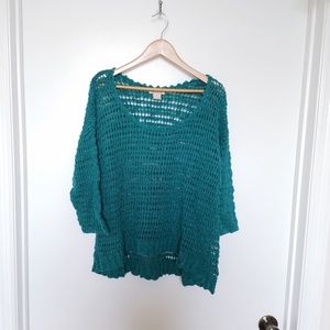 Lucky Boho Teal Cotton Oversized Knit Sweater